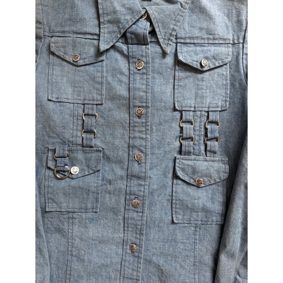 VTG Denim Utility Jacket Womens Small Blue Button Front Pockets D Ring Detail - Picture 4 of 9